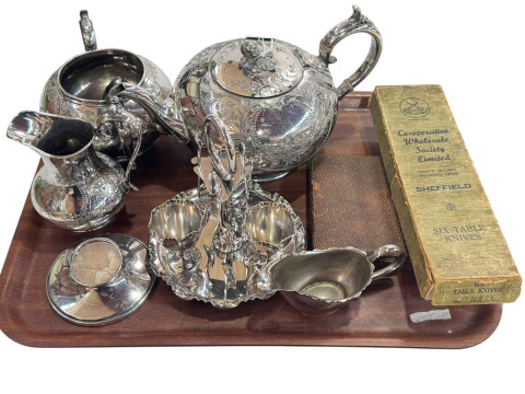 Silver plated tea set, egg cruet, silver inkwell, David Mappin cream jug,...