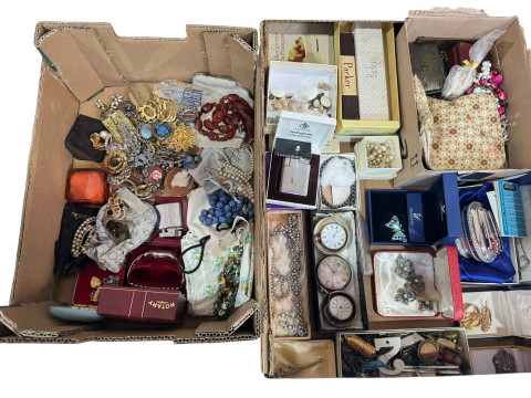 Two boxes of costume jewellery, table lighter, pocket watches, etc.