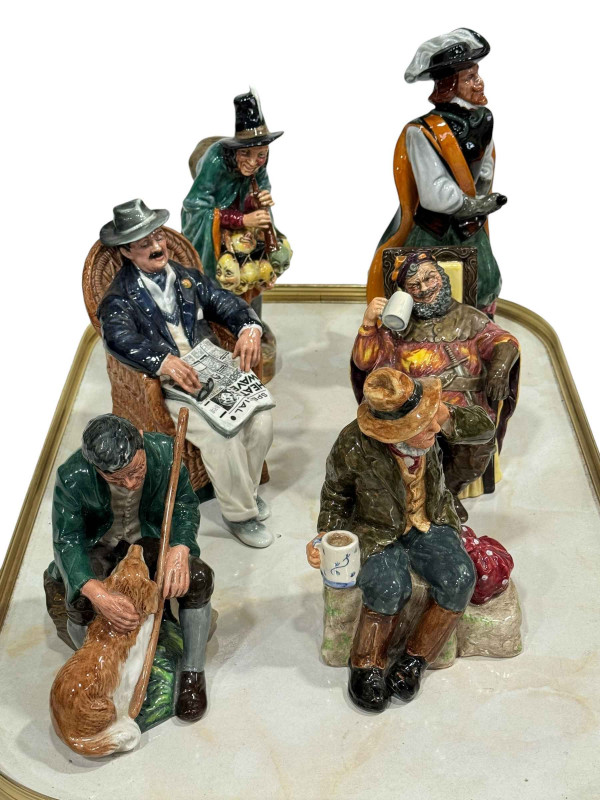 Collection of six Royal Doulton figures, The Mask Seller, Cavalier, Taking Things Easy, The Foaming Quart, Owd Willun and The Master.