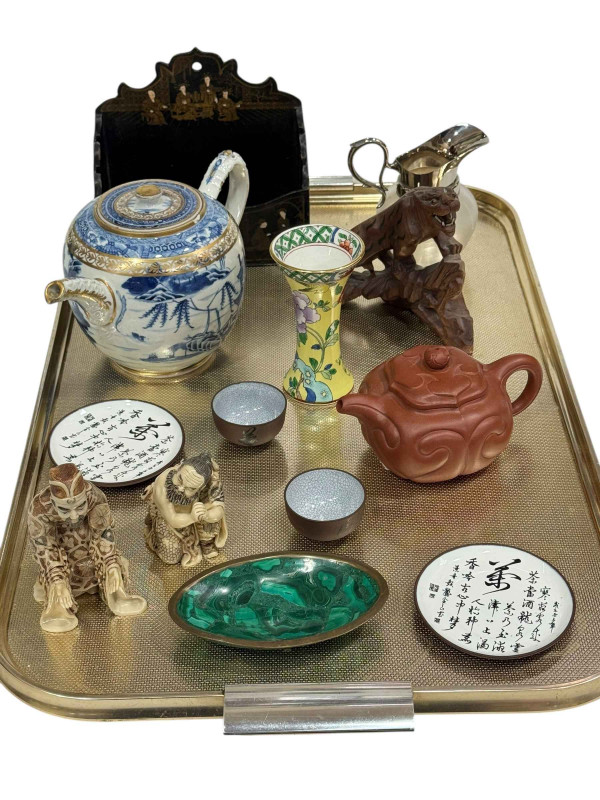 Papier Mache letter rack, Oriental ceramics, figures, etc.