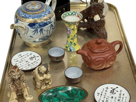 Papier Mache letter rack, Oriental ceramics, figures, etc.