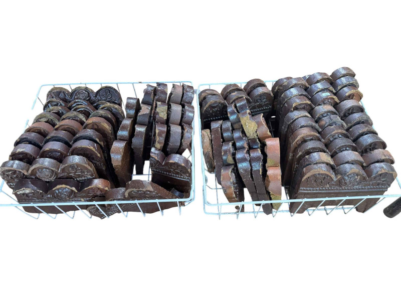 Collection of 19th Century salt glazed garden edging with thistle, rose and shamrock.