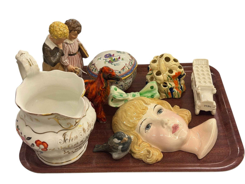 Goldschieder face mask, Copenhagen group and bird, Dresden lidded bowl, floral jug, crested china charabanc.