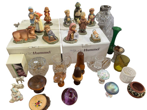 Collection of Goebel figures including nativity pieces, assorted glassware,...