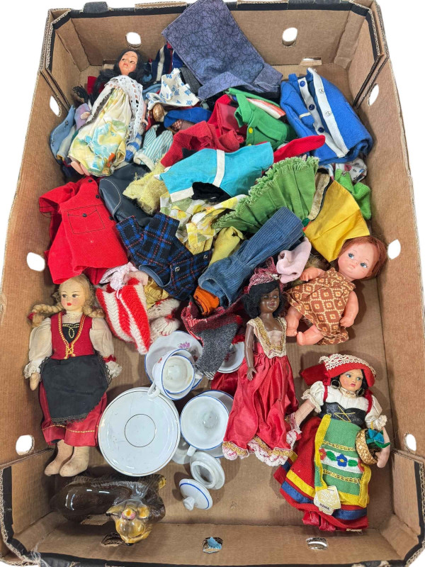 Box of assorted vintage dolls, clothing, dolls tea ware etc.