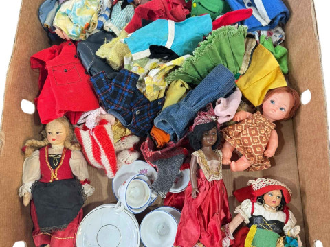 Box of assorted vintage dolls, clothing, dolls tea ware etc.