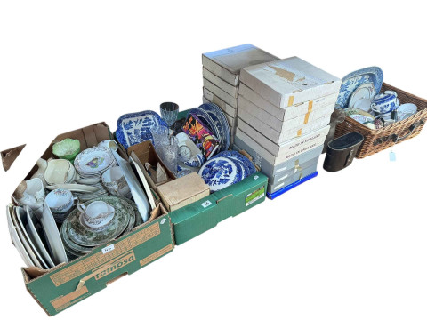 Satsuma vase, oil lamp, binoculars, collectors plates, blue and white...