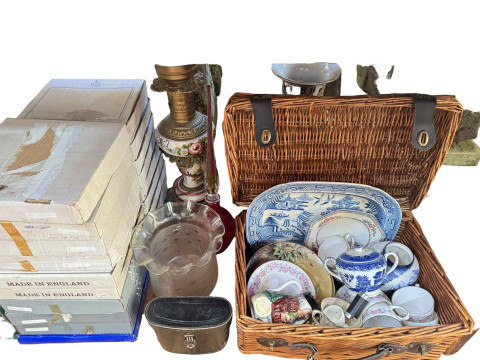 Satsuma vase, oil lamp, binoculars, collectors plates, blue and white and other china, glass etc. thumbnail