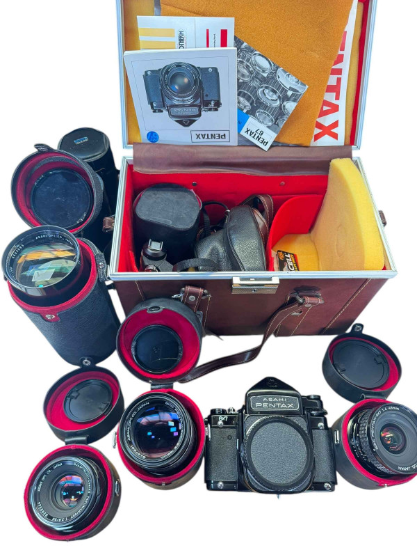 Asahi Pentax 6x7 camera and E S camera, several lenses including Super Multi Coated Takumar 6x7, SMC Pentax 6x7 45mm and 165mm lenses, further lenses and accessories.