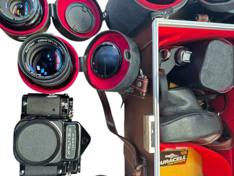 Asahi Pentax 6x7 camera and E S camera, several lenses including Super Multi Coated Takumar 6x7, SMC Pentax 6x7 45mm and 165mm lenses, further lenses and accessories. thumbnail