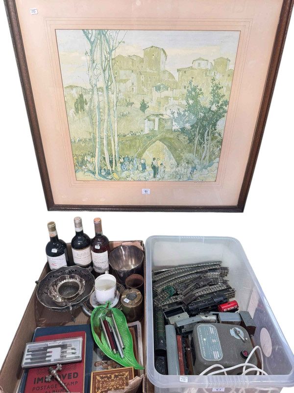 Three 1990's bottles of wine, silver plates ware, pens, model railway, Frank Brangwyn print etc.