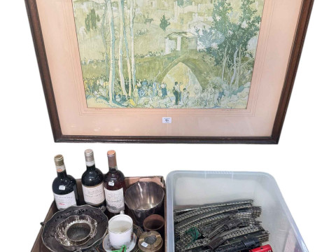 Three 1990's bottles of wine, silver plates ware, pens, model railway,...