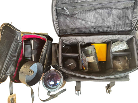 Large collection of photographic equipment including Yashica, Contax, Petri Flex and other cameras, lenses, tripods, flash guns etc. thumbnail