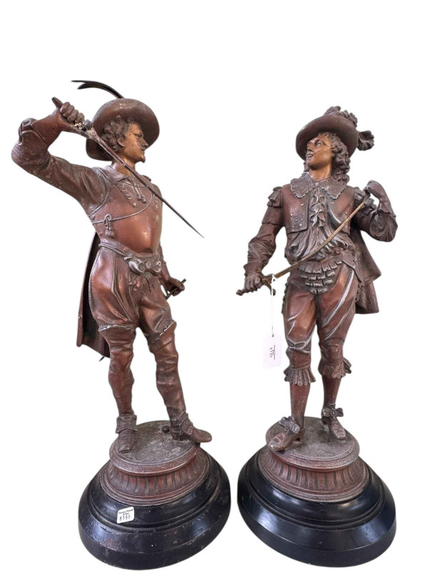 Pair of spelter cavalier figures, 54cm.