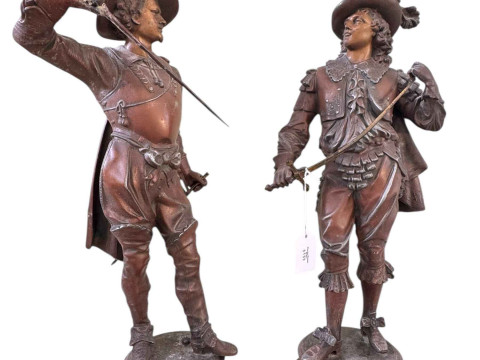 Pair of spelter cavalier figures, 54cm.