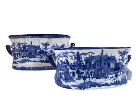 Large and small blue and white two handled foot baths.