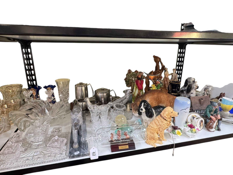 Large collection of glassware including decanters, lemonade sets, Royal Doulton figure The Master dog ornaments, various china etc.