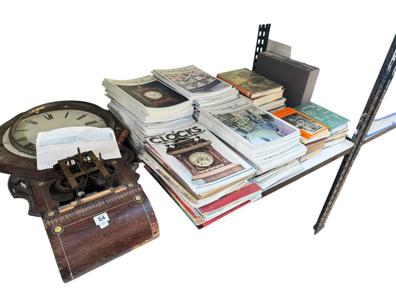 19th Century wall clock, Kienzle wall clock, large collection of Horological and clock books and magazines, slope front box desk etc.