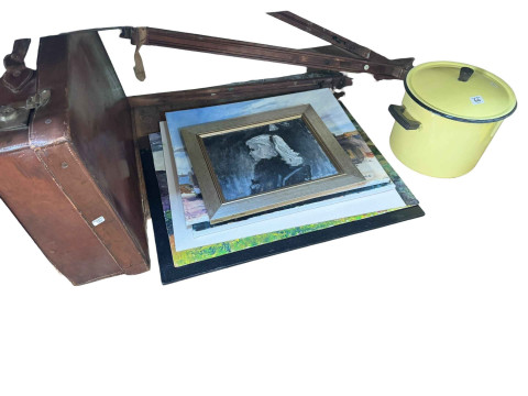 Eight boxes of assorted china, silver plate, kitchen scales, enamel pan, easel and artwork, briefcase etc. thumbnail