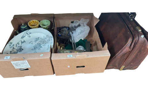 Eight boxes of assorted china, silver plate, kitchen scales, enamel pan, easel and artwork, briefcase etc. thumbnail