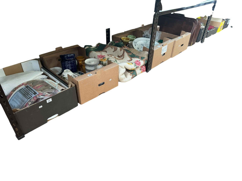 Eight boxes of assorted china, silver plate, kitchen scales, enamel pan, easel and artwork, briefcase etc.