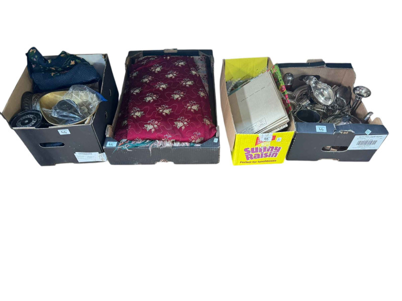 Eight boxes of assorted china, silver plate, kitchen scales, enamel pan, easel and artwork, briefcase etc.