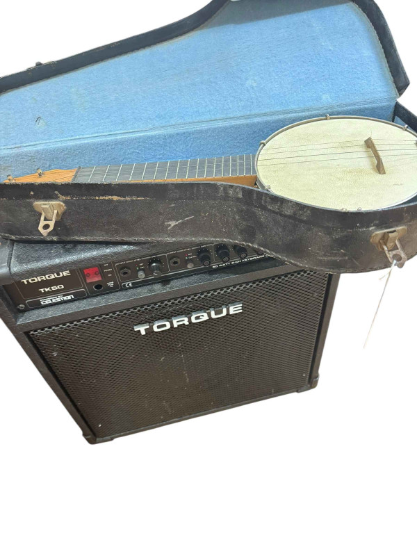 Two electric guitars, acoustic guitar, violin and two bows, banjo, ukelele and Torque TK50 amp.