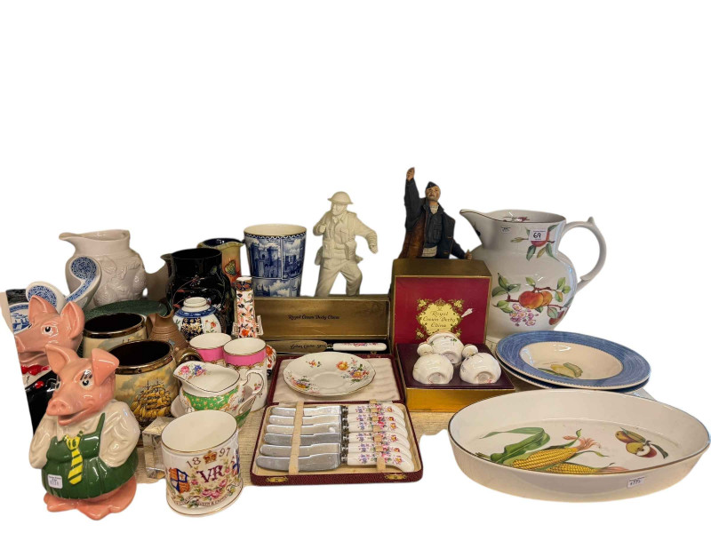 Crown Derby boxed cruet set, six tea knives and cake slice, four Wade Nat West Pigs, Worcester Evensham, Copeland Spode, various china, figures etc.