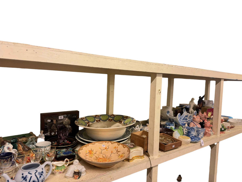 Crown Derby boxed cruet set, six tea knives and cake slice, four Wade Nat West Pigs, Worcester Evensham, Copeland Spode, various china, figures etc.