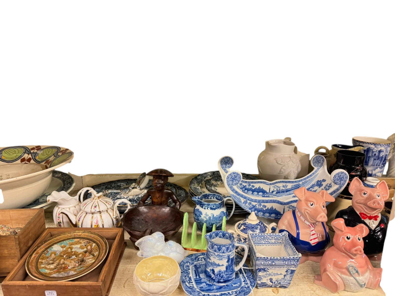 Crown Derby boxed cruet set, six tea knives and cake slice, four Wade Nat West Pigs, Worcester Evensham, Copeland Spode, various china, figures etc.