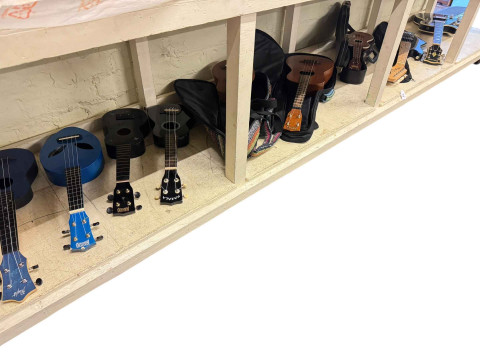 Collection of nine various guitars and ukeleles.