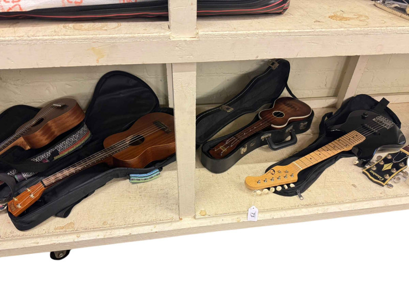 Collection of nine various guitars and ukeleles.