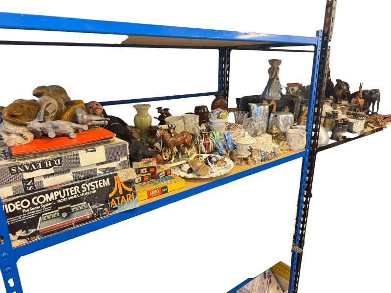 African carvings and knives, EP tankards, vintage toys, china, glassware etc.