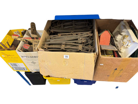 Vintage Meccano, tinplate sea plane and car and two boxes of model railway.