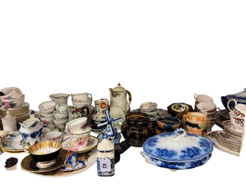 Collection of ceramics including Shelley tea ware, Allertons and Masons jugs, Victorian toilet jug, figures, vases etc.