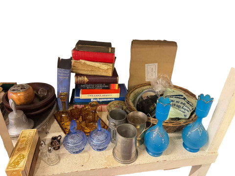 Collection of glass, metalwares, etc., including pair Victorian blue glass vases, Pop Alley bottles, EP wares, cutlery etc. thumbnail