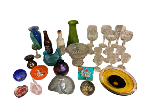 Collection of glassware including two sets of six glasses, coloured glassware,...