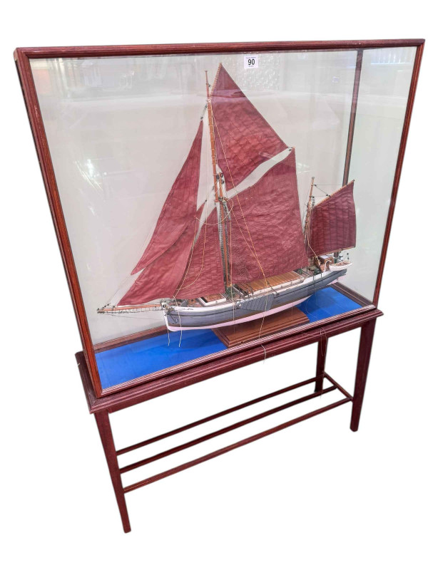Large cased model of masted trawler, overall size 125 x 91 x 25cm.