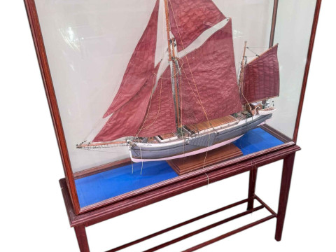 Large cased model of masted trawler, overall size 125 x 91 x 25cm.