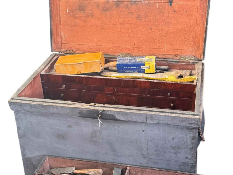 Large pine tool box with well fitted interior and collection of tools,...