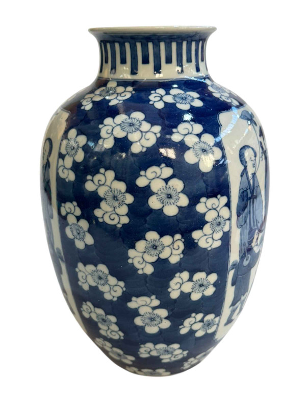 Large Chinese blue and white vase with panels of figures on blossom ground, two circle mark, 29cm.