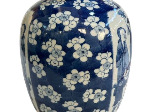 Large Chinese blue and white vase with panels of figures on blossom ground, two circle mark, 29cm. thumbnail