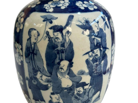 Large Chinese blue and white vase with panels of figures on blossom ground, two circle mark, 29cm. thumbnail