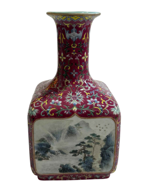 Chinese square section heavy vase with panels of landscape decoration, seal mark to base, 25cm.