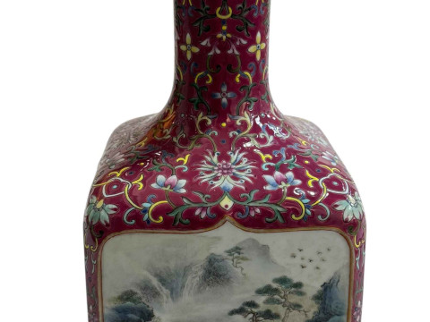 Chinese square section heavy vase with panels of landscape decoration,...