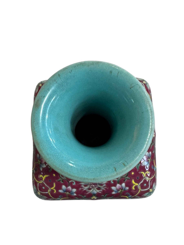 Chinese square section heavy vase with panels of landscape decoration, seal mark to base, 25cm.