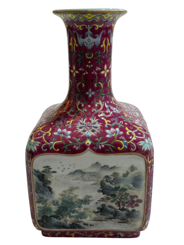 Chinese square section heavy vase with panels of landscape decoration, seal mark to base, 25cm.
