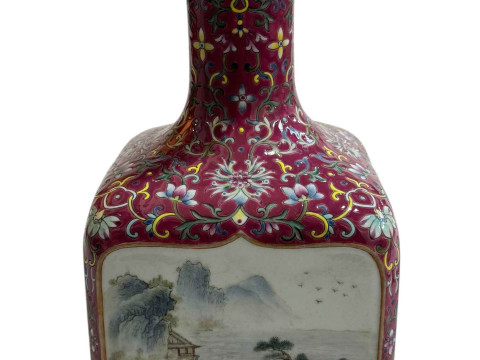 Chinese square section heavy vase with panels of landscape decoration, seal mark to base, 25cm. thumbnail