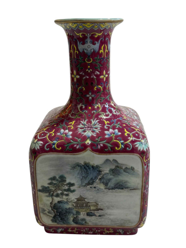 Chinese square section heavy vase with panels of landscape decoration, seal mark to base, 25cm.