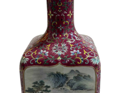 Chinese square section heavy vase with panels of landscape decoration, seal mark to base, 25cm. thumbnail